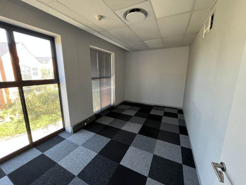 A vacant office space featuring a suspended ceiling, carpet tile flooring, and large windows with venetian blinds, offering a clean and functional workspace.