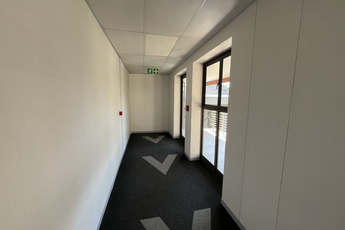 A clean, well-lit office hallway featuring a suspended ceiling, carpeted flooring with directional markings, and glass doors leading to an outdoor area.
