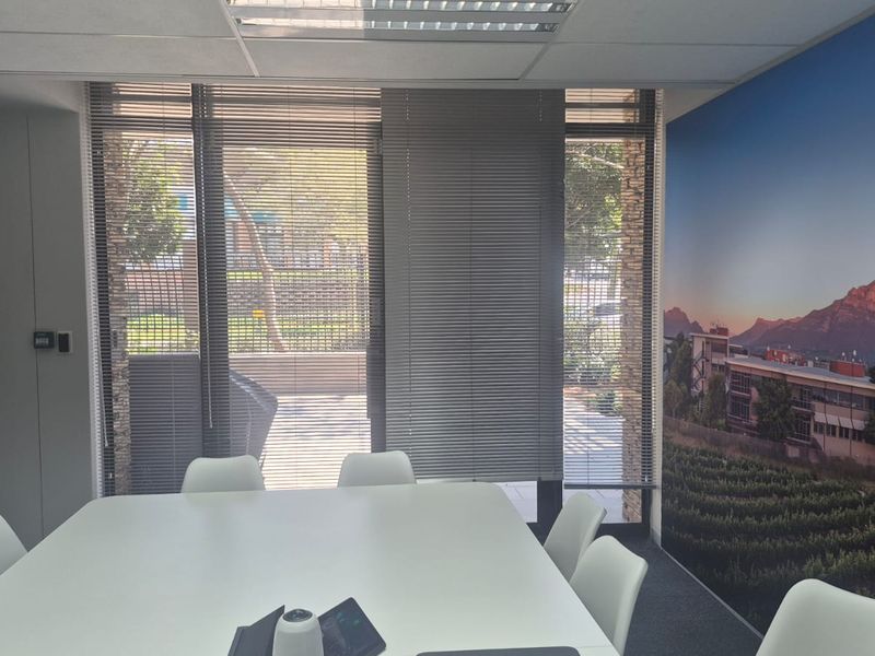 A professional office meeting room featuring a large window with venetian blinds, a suspended ceiling, and a scenic landscape wall mural.