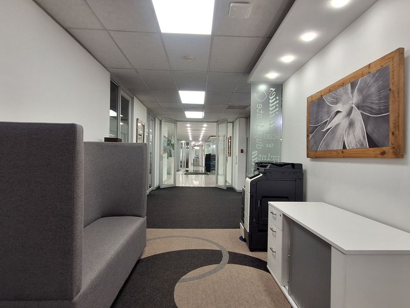 A well-lit office hallway featuring a suspended ceiling with recessed lighting, glass partition doors, and professional carpeted flooring.