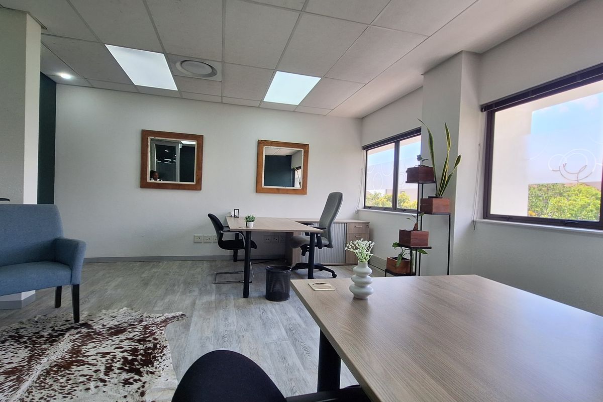 A bright and modern office space featuring large windows, suspended ceilings with recessed lighting, and durable laminate flooring.