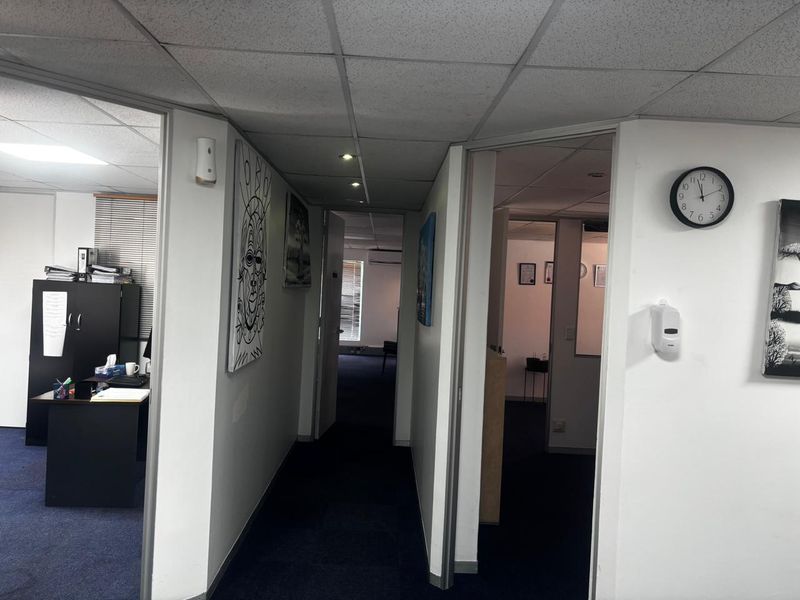 A functional office hallway featuring a suspended ceiling with recessed lighting and dark carpet flooring, providing access to multiple office rooms.