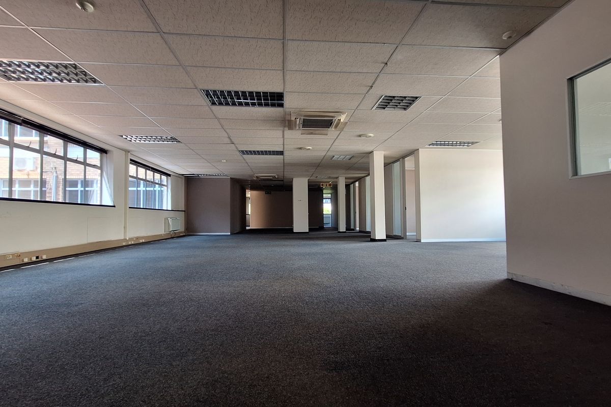 Spacious open-plan office area featuring suspended ceilings, recessed lighting, central air conditioning, and large windows providing ample natural light.