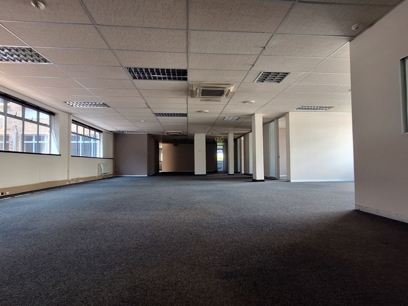 Spacious open-plan office area featuring suspended ceilings, recessed lighting, central air conditioning, and large windows providing ample natural light.