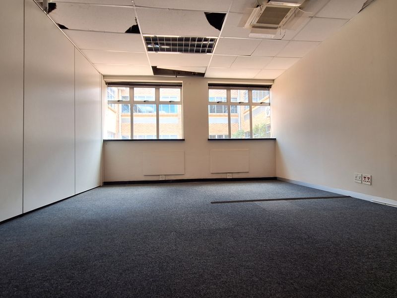 An empty office space featuring carpet flooring, built-in wall panels, and a suspended ceiling in need of repair.