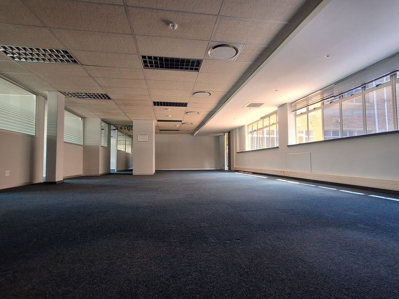 A spacious, open-plan office area featuring a suspended ceiling, recessed lighting, carpeted flooring, and large windows providing ample natural light.