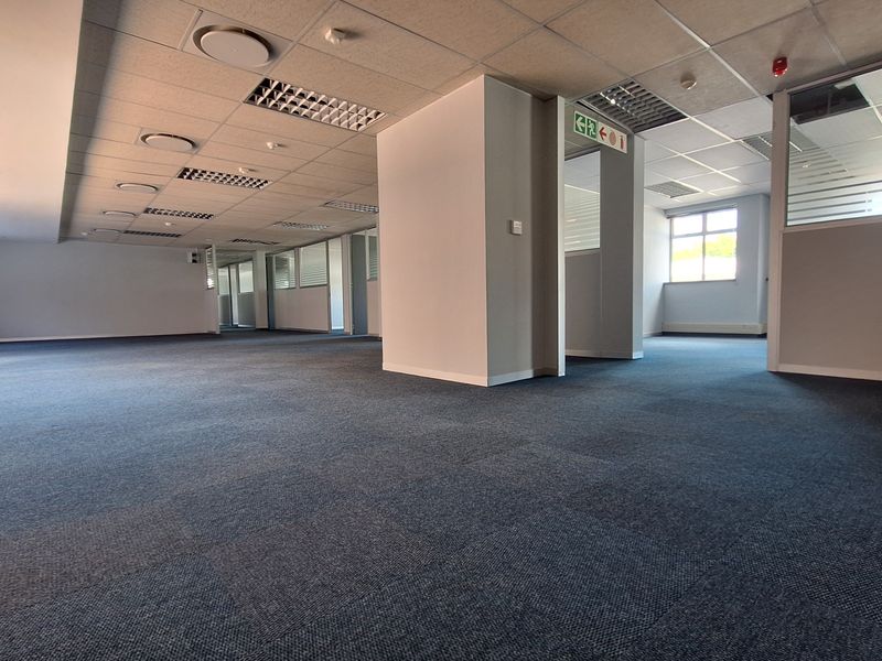 A spacious, open-plan office area featuring carpet tiles, suspended ceilings with recessed lighting, and glass partition walls, offering a clean and professional workspace.