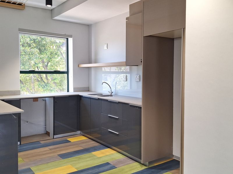 A modern, empty office kitchen featuring sleek grey cabinetry, light countertops, a glass splashback, and a stainless steel sink with a mixer tap.