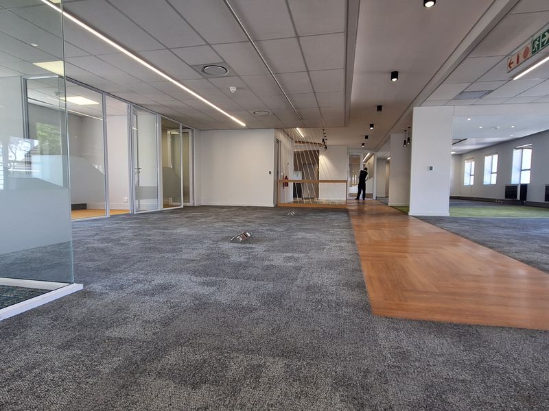Spacious open-plan office area featuring a mix of carpet and parquet flooring, glass-partitioned meeting rooms, and modern recessed linear lighting.
