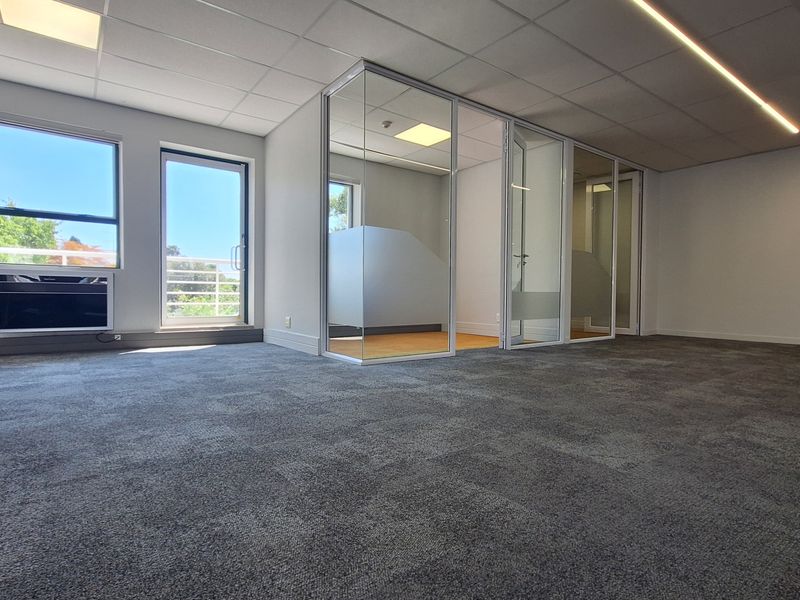 Modern open-plan office space featuring high-quality carpet flooring, suspended ceilings with integrated lighting, and sleek glass-partitioned private offices.