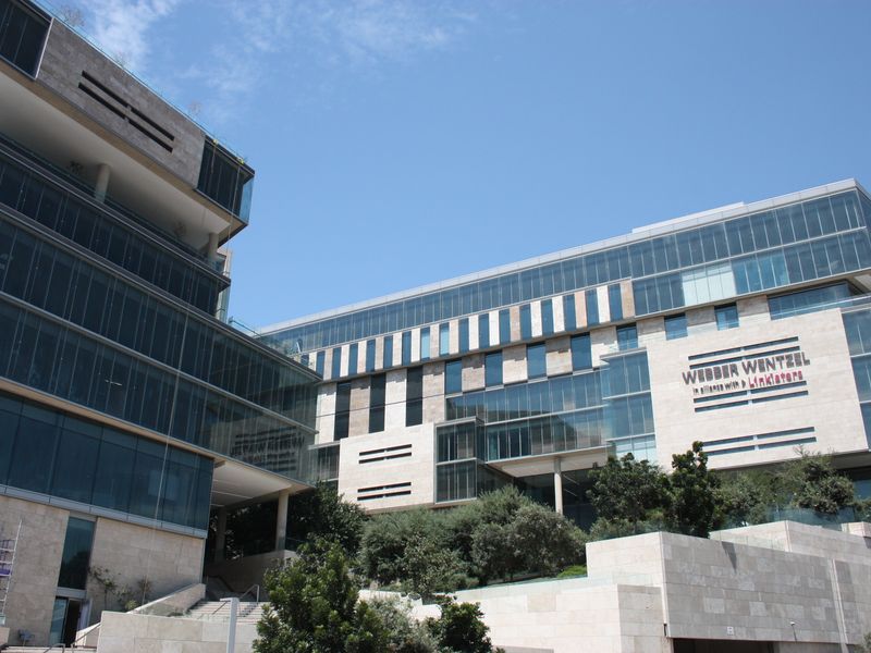 Modern multi-story office building featuring a contemporary glass and stone facade with integrated landscaped terraces and structural concrete elements.