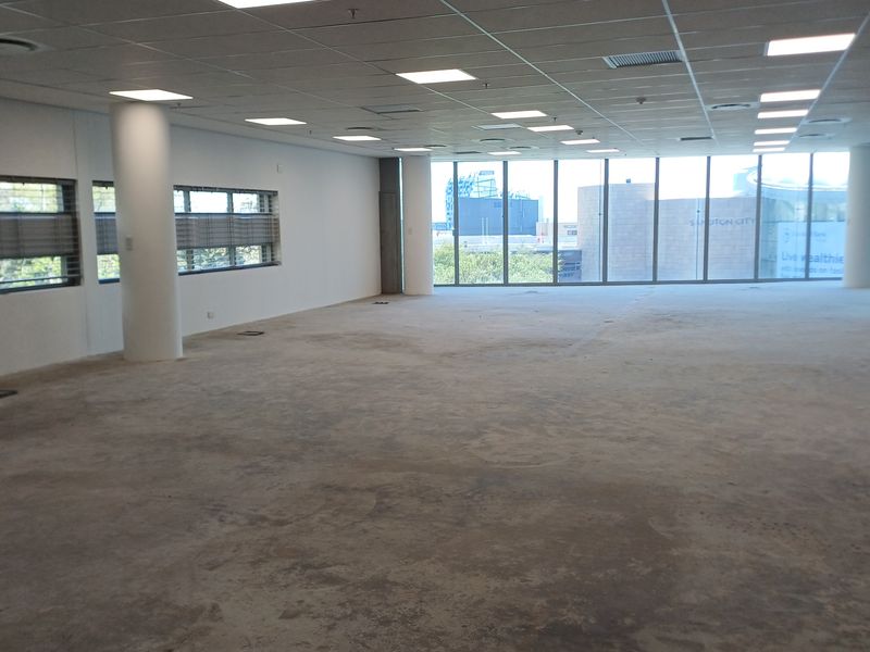 A large, open-plan office space featuring floor-to-ceiling windows, suspended ceilings with recessed lighting, and unfinished concrete flooring, offering a blank canvas for customization.