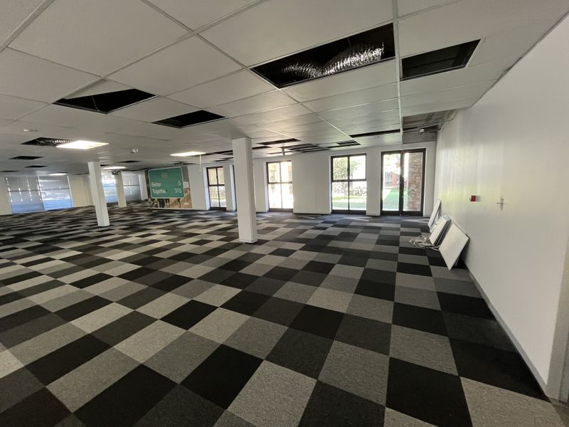 Open plan office space featuring a checkered carpet tile floor, structural columns, and a suspended ceiling with several missing tiles.