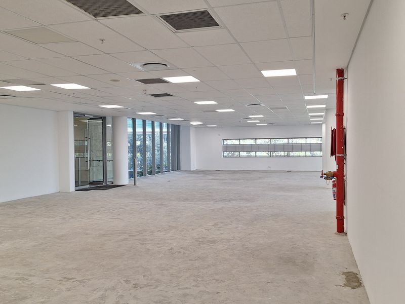 A spacious, open-plan office area featuring a suspended ceiling, recessed lighting, and large windows, currently presented as a blank canvas with unfinished flooring.