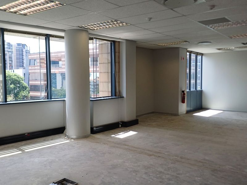 An empty, open-plan office space featuring large windows, a suspended ceiling with recessed lighting, and unfinished concrete flooring, ready for custom fit-out.