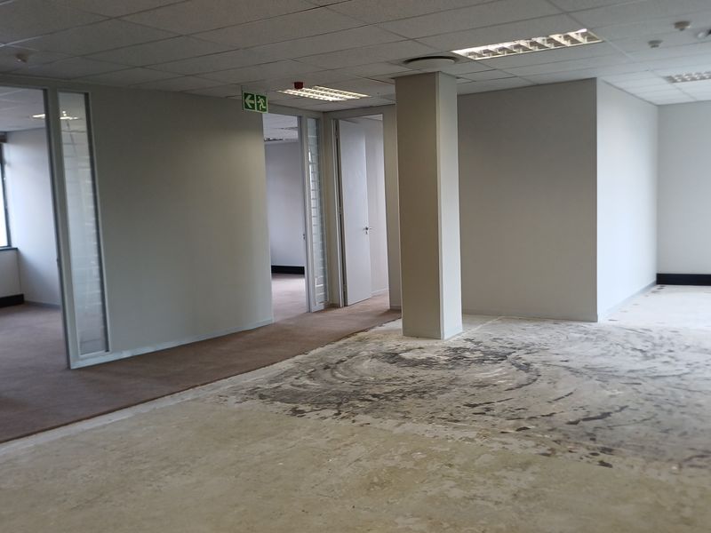 An empty office space featuring a suspended ceiling, recessed lighting, glass partitions, and a mix of carpet and unfinished concrete flooring.