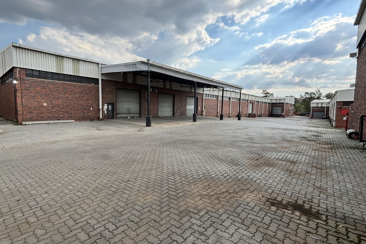 Spacious industrial rear yard featuring extensive paving, multiple roller shutter doors, and a covered loading area suitable for logistics or manufacturing operations.