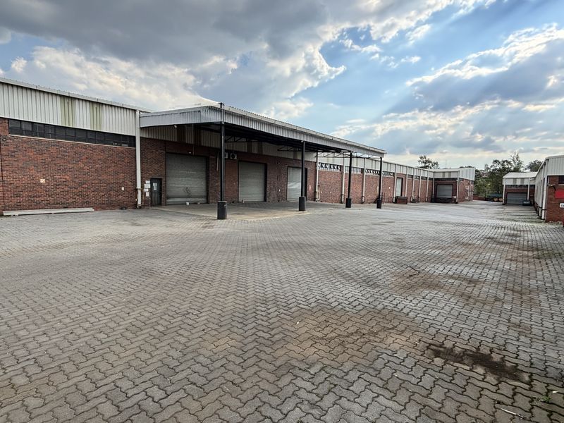Spacious industrial rear yard featuring extensive paving, multiple roller shutter doors, and a covered loading area suitable for logistics or manufacturing operations.