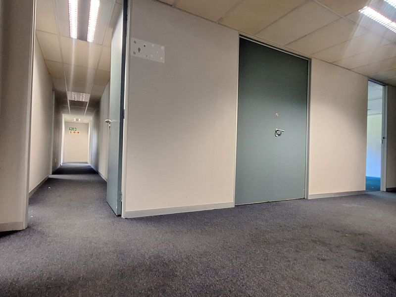 A functional office hallway featuring suspended ceilings, recessed lighting, and multiple access doors, providing a clean and professional circulation space.