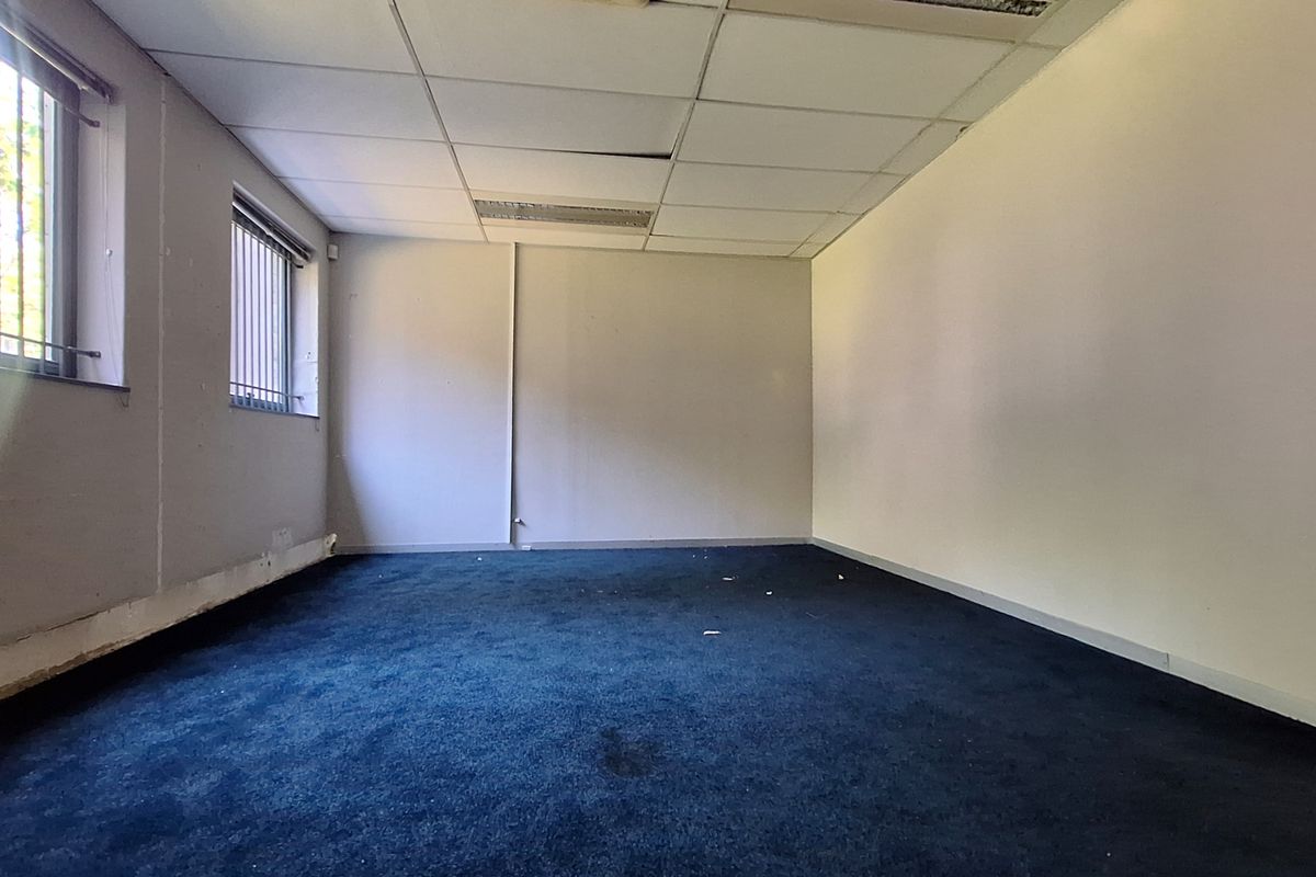 An empty office space featuring a suspended ceiling, security bars on the windows, and blue carpet flooring, requiring cosmetic updates.