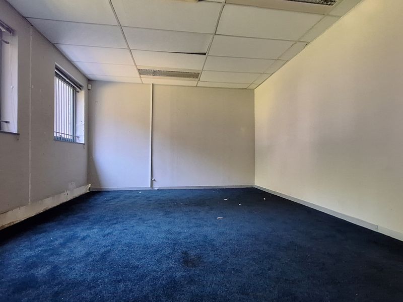 An empty office space featuring a suspended ceiling, security bars on the windows, and blue carpet flooring, requiring cosmetic updates.