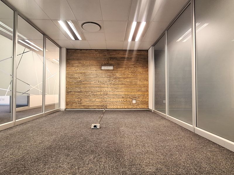 A modern, empty office space featuring glass partitions, a timber accent wall, carpeted flooring, and recessed ceiling lighting.