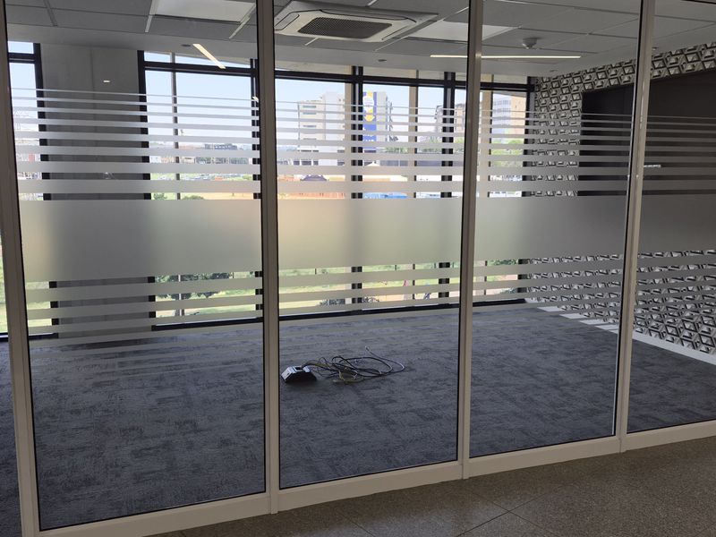 A modern, empty office space featuring glass partition walls, carpeted flooring, and large windows providing ample natural light and exterior views.