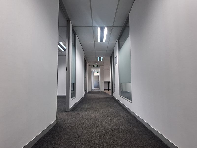 A clean, modern office hallway featuring glass partition walls, carpeted flooring, and a suspended ceiling with recessed lighting.