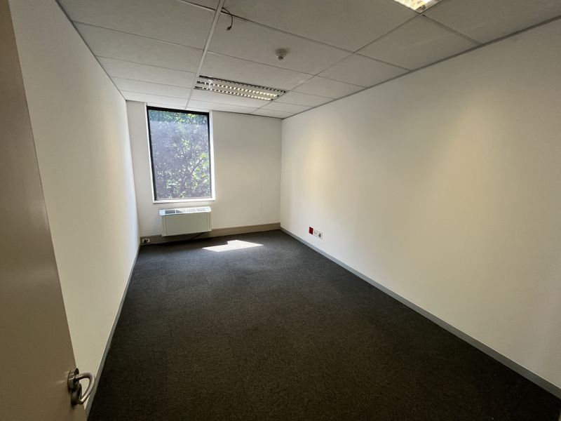 A vacant office space featuring a suspended ceiling, recessed lighting, carpeted flooring, and a window-mounted HVAC unit.