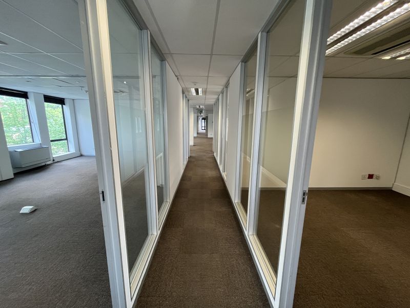 A long office hallway featuring glass partition walls, suspended ceilings with recessed lighting, and carpeted flooring, leading to open-plan office spaces.