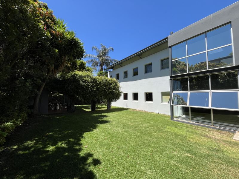 Rear view of the office building featuring a modern glass facade, large windows, and a well-maintained garden area with mature trees.