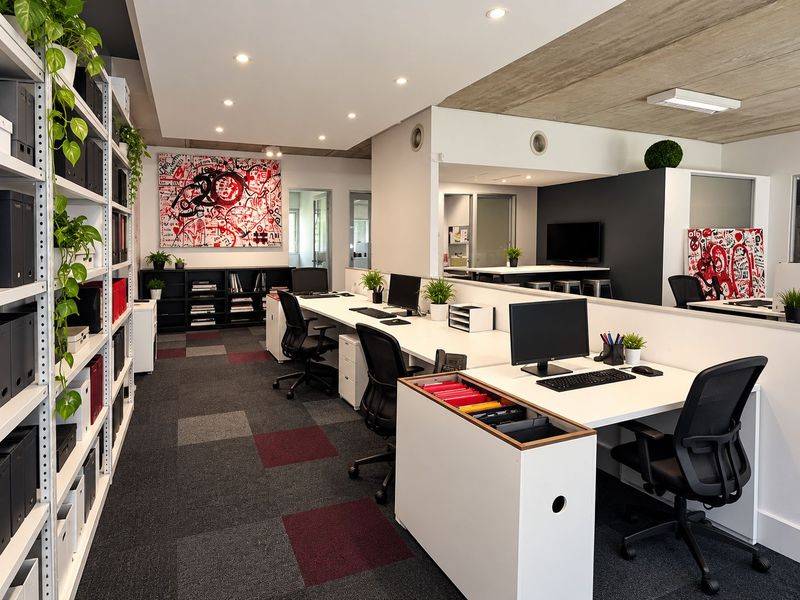 Modern open-plan office space featuring exposed concrete ceilings, recessed lighting, modular workstations, and extensive built-in shelving units.