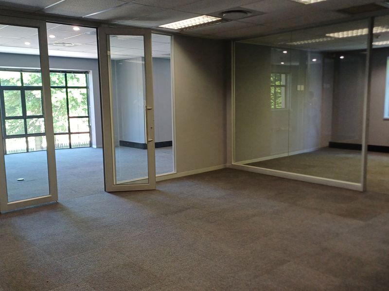 A bright, open-plan office space featuring glass partitioning, suspended ceilings, and neutral carpeting, offering a professional and versatile work environment.