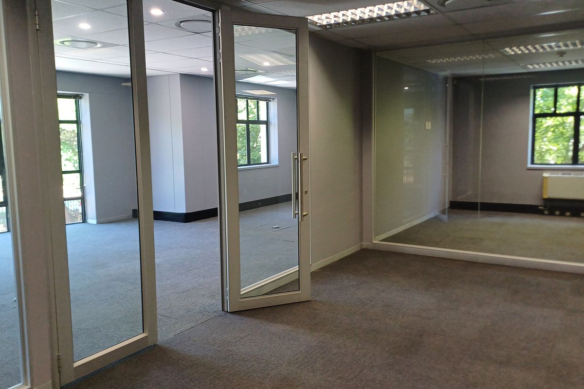 Modern vacant office space featuring glass partitioning, suspended ceilings, recessed lighting, and carpeted flooring, offering a professional and flexible work environment.