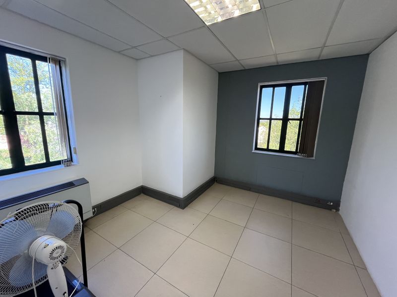 A bright, empty office space featuring tiled flooring, a suspended ceiling with recessed lighting, and dual windows providing natural light.