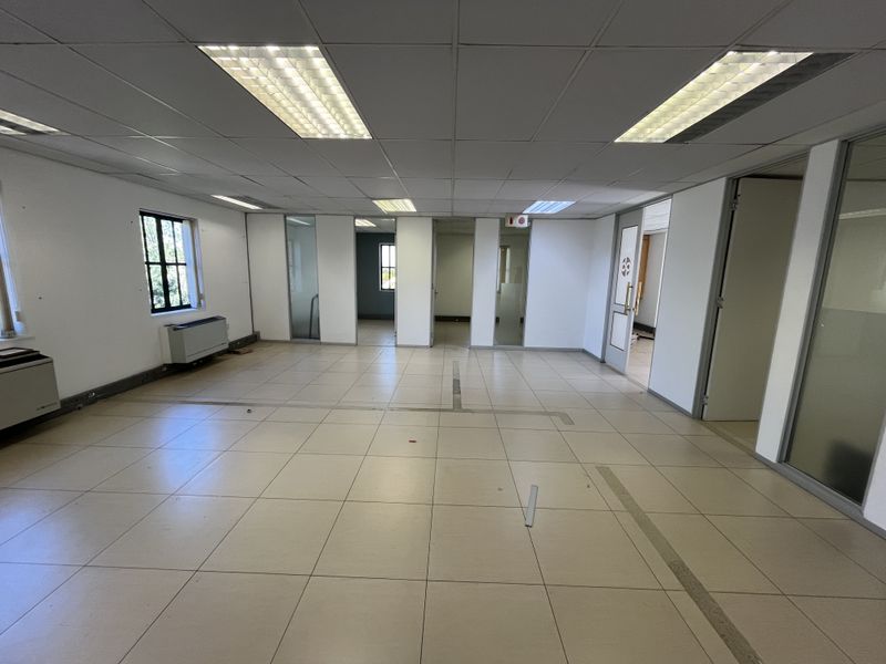 An open-plan office space featuring suspended ceilings, recessed lighting, and tiled flooring, offering a versatile layout for various business configurations.