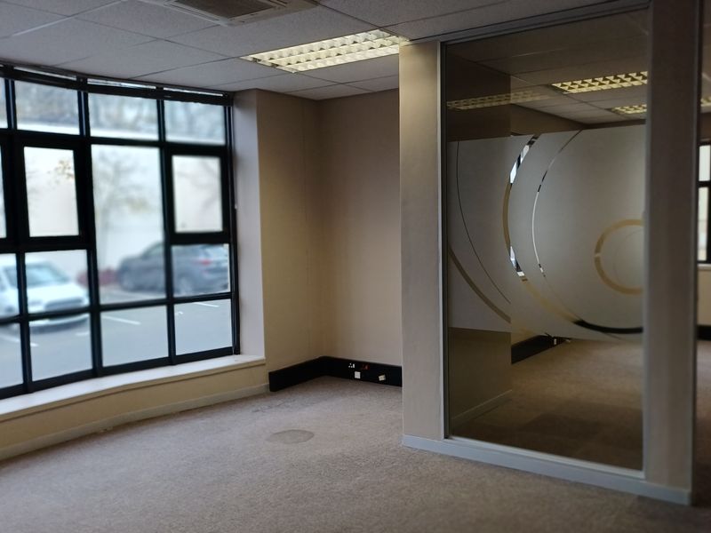 A bright, vacant office space featuring large windows, a glass partition wall, suspended ceilings with recessed lighting, and carpeted flooring.