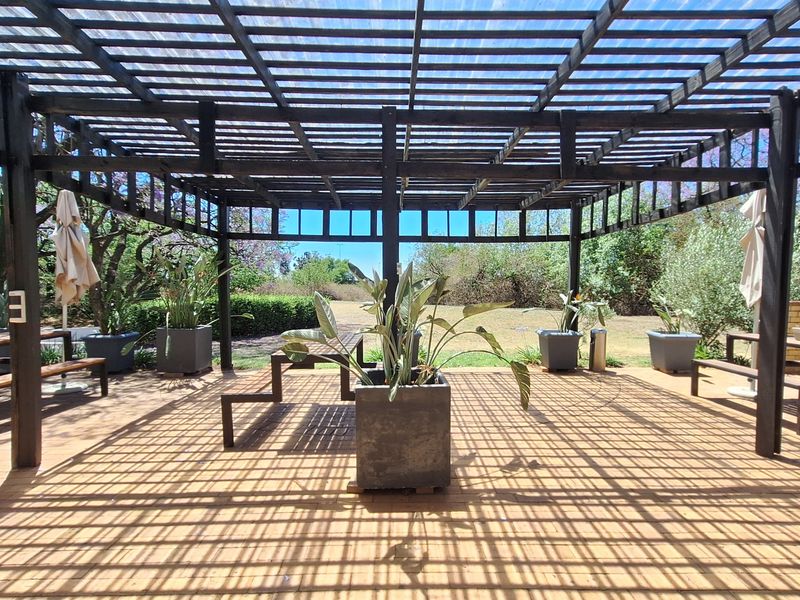 A spacious outdoor patio area featuring a large timber pergola providing shade over brick paving and integrated seating, overlooking a landscaped garden.