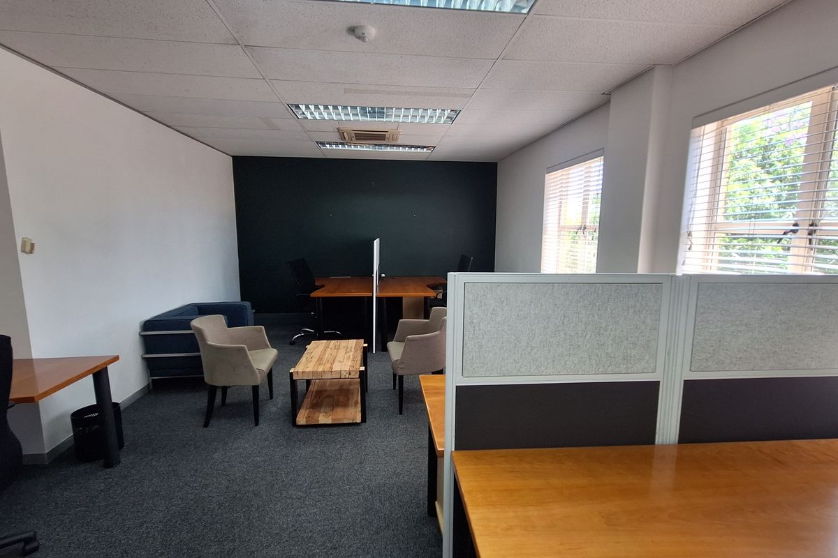 A functional office space featuring carpeted flooring, suspended ceilings with recessed lighting, and large windows with venetian blinds for natural light.