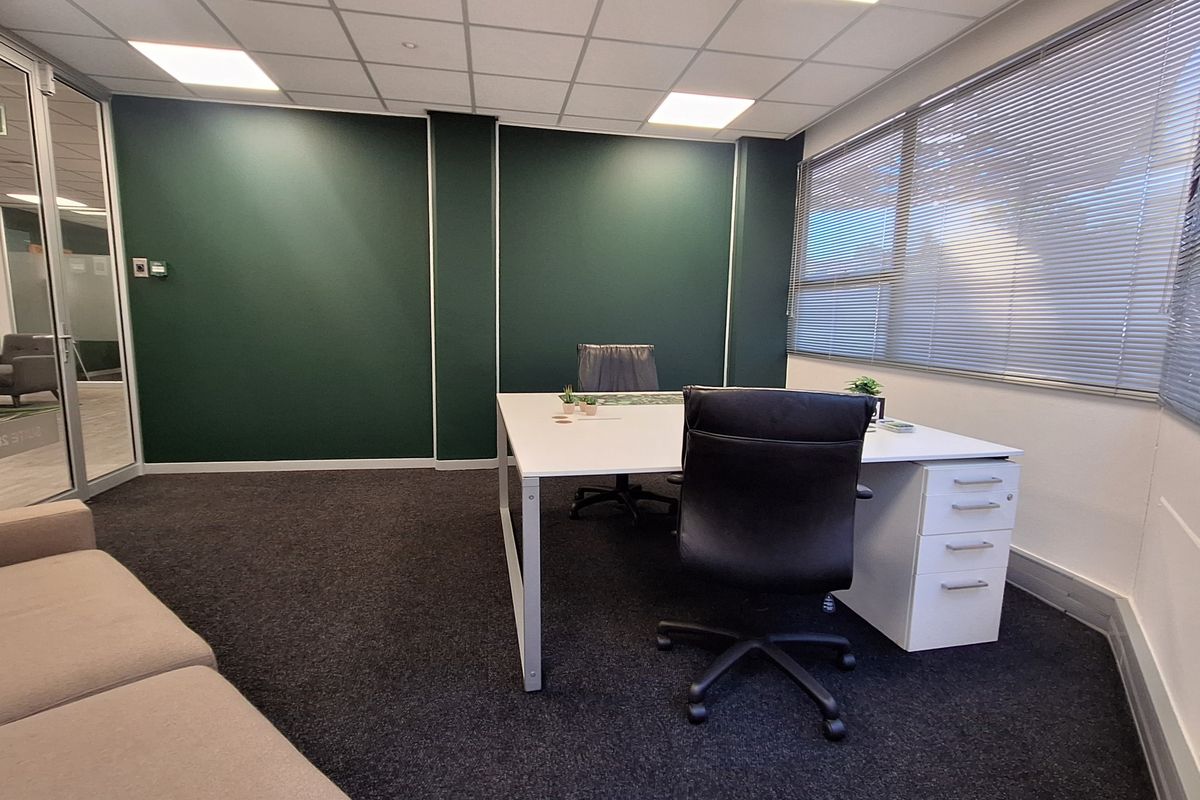 A professional office space featuring dark green accent walls, carpeted flooring, a suspended ceiling with recessed lighting, and large windows with venetian blinds.