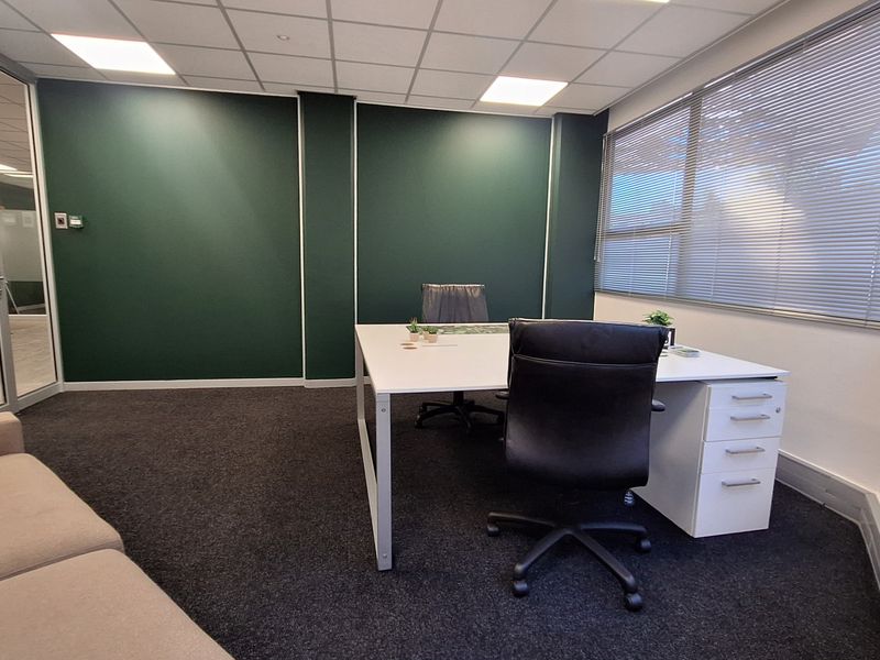 A professional office space featuring dark green accent walls, carpeted flooring, a suspended ceiling with recessed lighting, and large windows with venetian blinds.