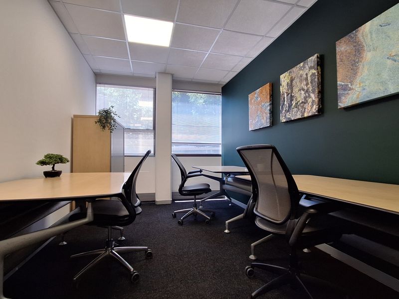 A modern, well-lit office space featuring carpeted flooring, a suspended ceiling with recessed lighting, and large windows with venetian blinds.