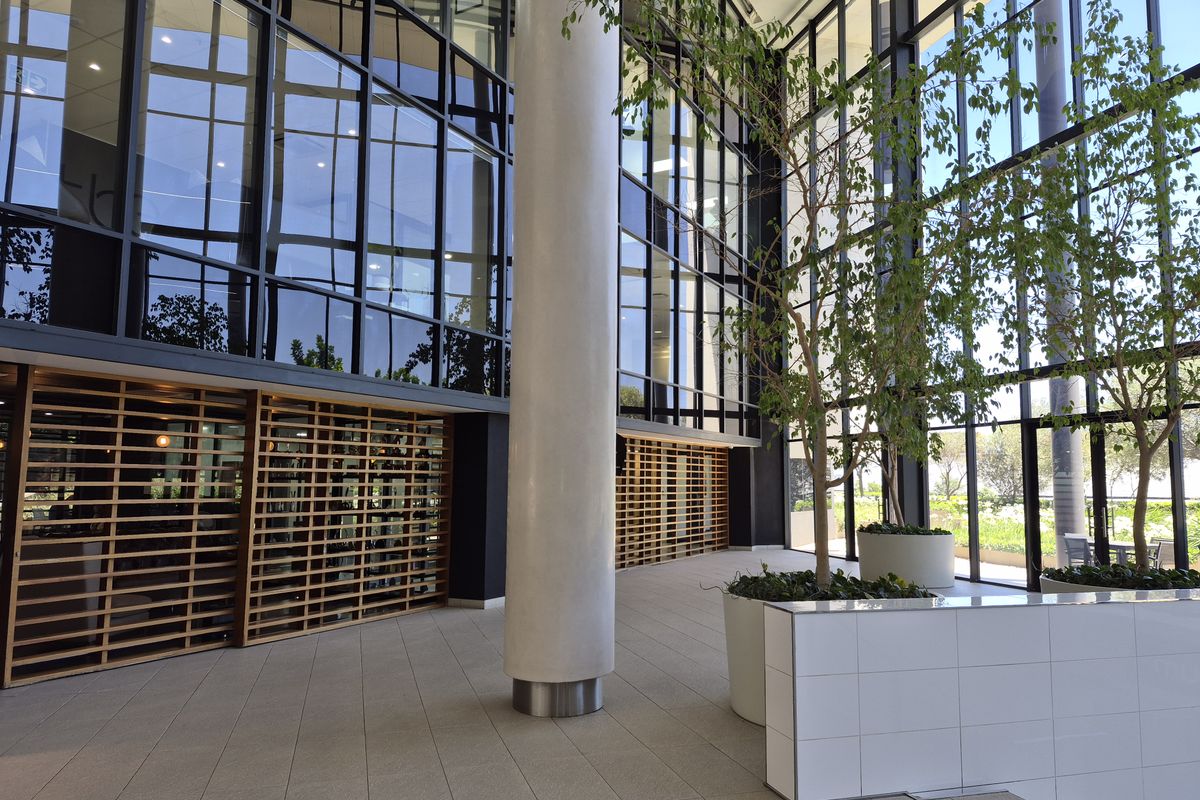A spacious, modern office building entrance featuring floor-to-ceiling glass walls, structural columns, and elegant timber slat detailing with integrated planters.