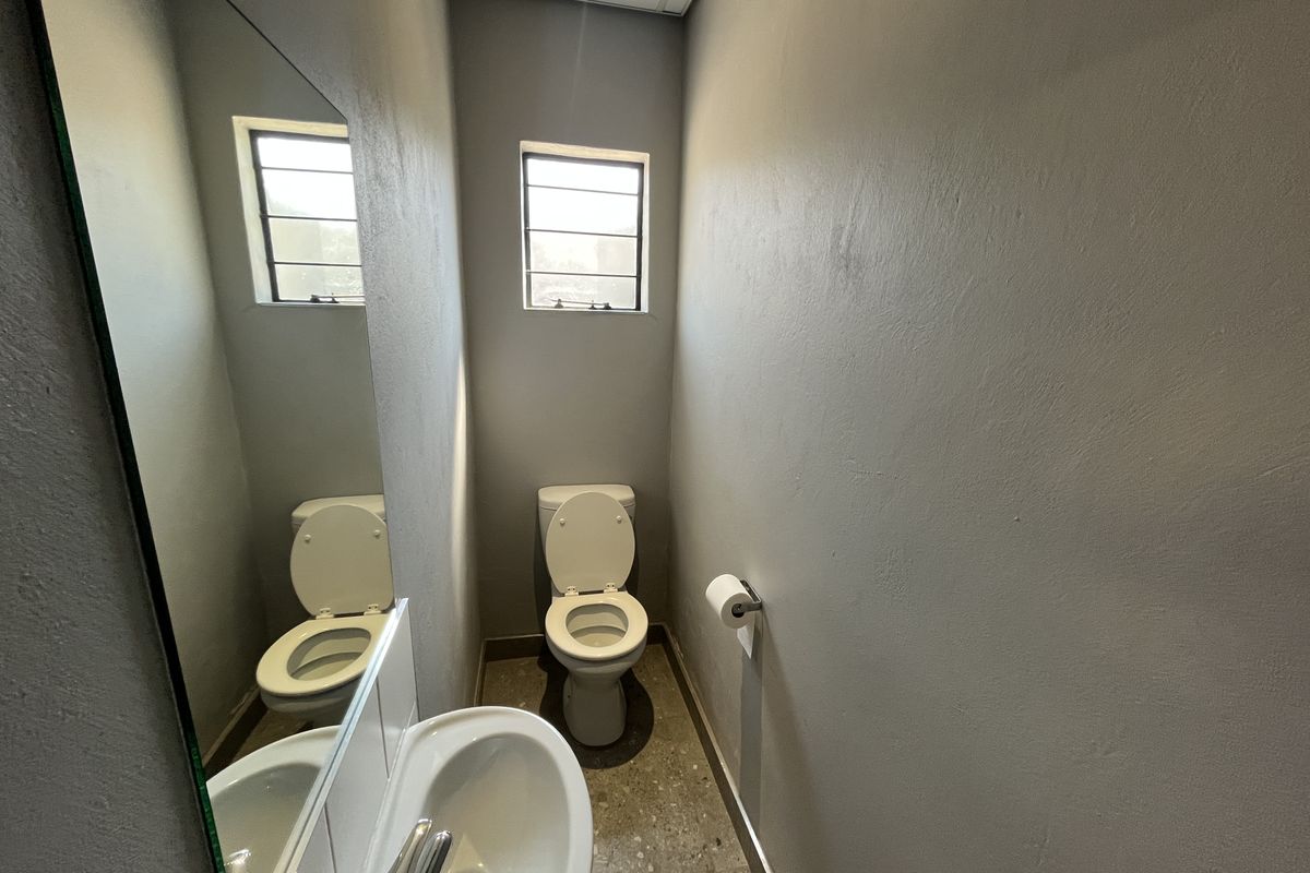 A compact, functional guest bathroom featuring a toilet, wall-mounted basin with mixer tap, and a large wall mirror.