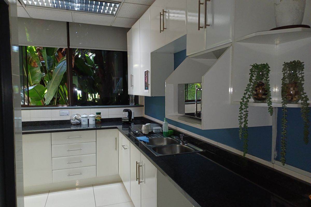 A functional kitchen featuring white cabinetry, dark granite countertops, a double stainless steel sink, and a large window with garden views.