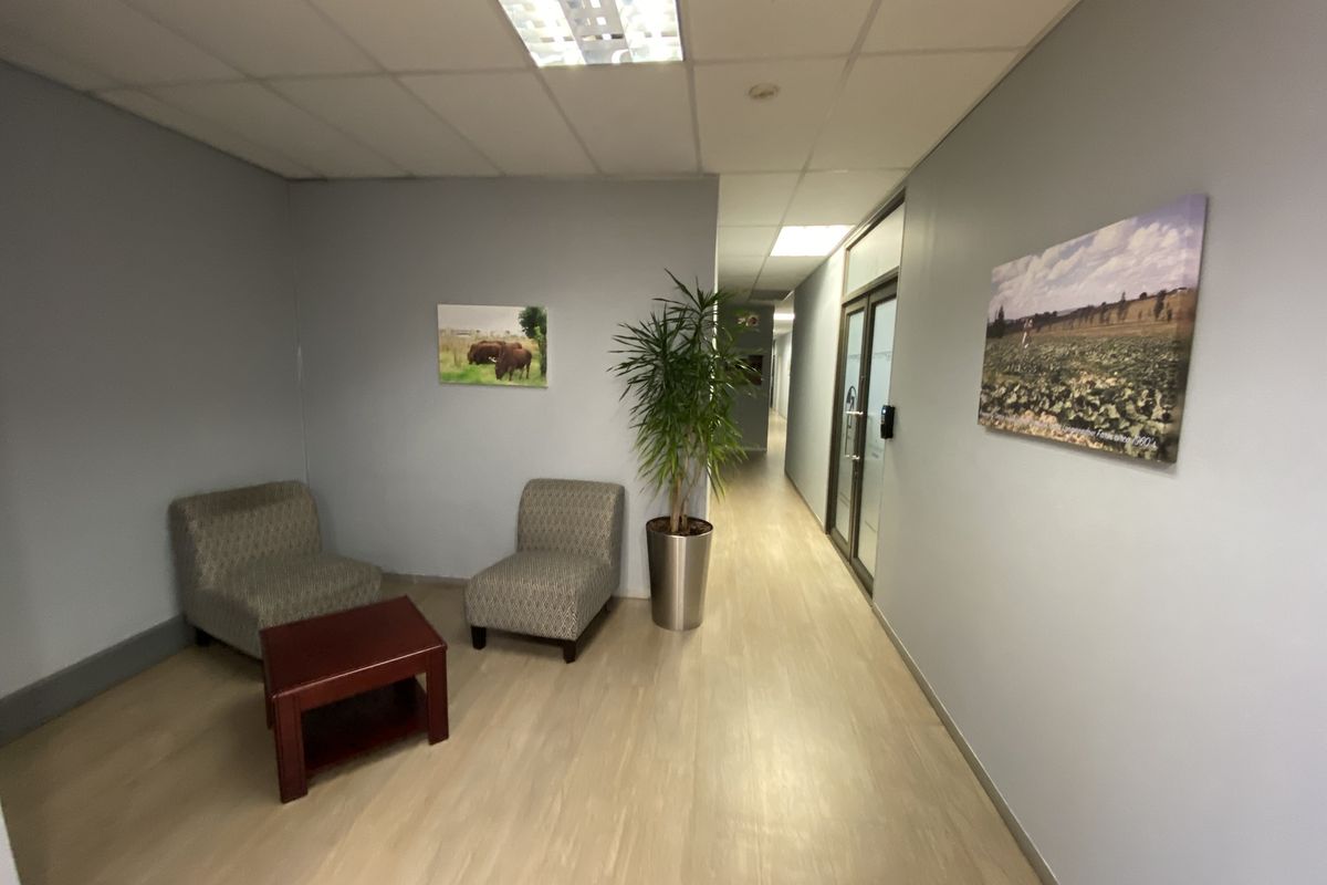 A functional office hallway featuring laminate flooring, suspended ceiling tiles with integrated lighting, and a glass-paneled door leading to adjacent office spaces.