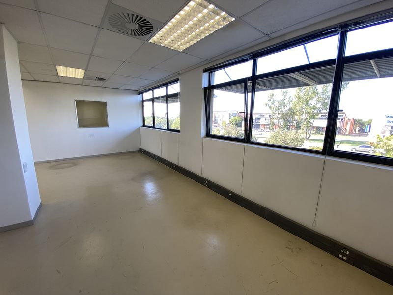 A vacant, open-plan office space featuring large windows, suspended ceilings with recessed lighting, and practical vinyl flooring with integrated electrical trunking.