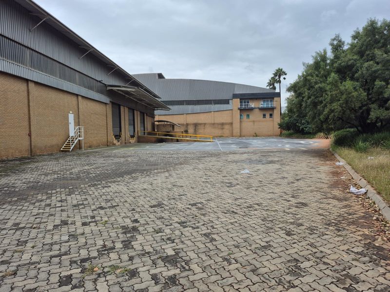 Rear industrial yard featuring a paved loading area, metal cladding, and access ramps for logistics operations.