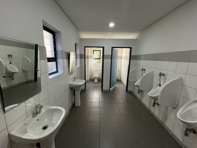 A clean, functional industrial-style communal bathroom featuring multiple wall-mounted urinals, pedestal wash basins, and tiled surfaces throughout.