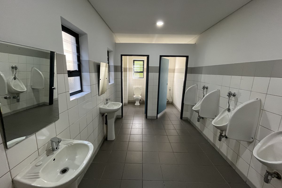 A clean, functional industrial-style communal bathroom featuring multiple wall-mounted urinals, pedestal wash basins, and tiled surfaces throughout.